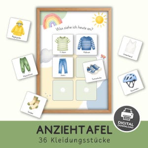 Könnte beinhalten: Eine gerahmte Lerntafel mit der Überschrift Was ziehe ich heute an? und Aquarellillustrationen von Kleidungsstücken wie einer gelben Regenjacke, grüner Matschhose, Socken, einem gestreiften T-Shirt, einem blauen Pullover, Jeans, Turnschuhen, einem Unterhemd und einem Sturzhelm.