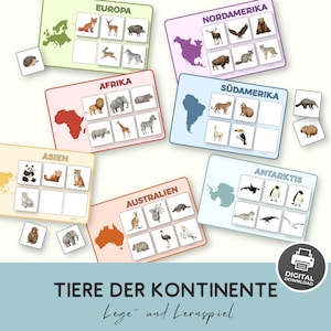 Puede incluir: Un conjunto de tarjetas educativas sobre continentes con mapas e ilustraciones de animales para Europa, Norteamérica, África, Sudamérica, Asia, Australia y la Antártida, que incluyen espacios para fichas de animales y etiquetas.