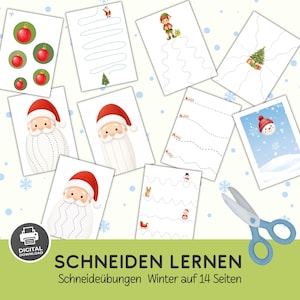 Può includere: Una raccolta di fogli di attività stampabili con esercizi di ritaglio a tema natalizio raffiguranti Babbo Natale, elfi e decorazioni. Le pagine includono linee tratteggiate per esercitarsi a tracciare e ritagliare, con un paio di forbici blu.