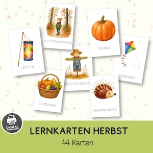 Könnte beinhalten: Ein Set aus Lernkarten zum Thema Herbst mit Illustrationen wie einer Laterne, einem Kind im Wald, einem Kürbis, einer Vogelscheuche, einem Drachen, einem Erntekorb und einem Kastanienigel, jeweils mit den entsprechenden Textbeschriftungen.