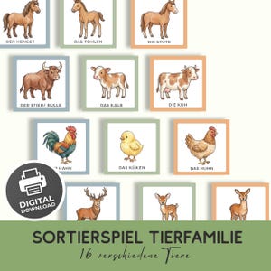 Puede incluir: Un juego de clasificación descargable digitalmente que consta de dieciséis tarjetas cuadradas con ilustraciones de animales de granja y bosque, como caballos, ganado, pollos y ciervos, etiquetadas en alemán. Un icono circular muestra una impresora.