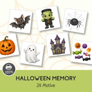 Op de afbeelding: Een digitale downloadset getiteld HALLOWEEN MEMORY 24 Motive met vierkante kaarten met illustraties van een vleermuis, Frankenstein-monster, spin in een web, pompoen, spook, spookhuis en diverse kleurrijke snoepjes op een lichte achtergrond.