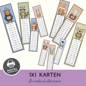 Può includere: Un set di dieci segnalibri educativi rettangolari verticali con illustrazioni ad acquerello di animali che tengono cartelli numerati da uno a dieci, ciascuno abbinato alla relativa tavola pitagorica da zero a dodici.