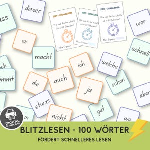 Puede incluir: Una colección de tarjetas cuadradas con palabras en alemán como dieser, es, macht, ich y ja, junto a tres tarjetas de desafío tituladas ZEIT-CHALLENGE con iconos de cronómetro y el texto Wie viele Karten schaffe ich in 60 Sekunden? Mein Ergebnis.