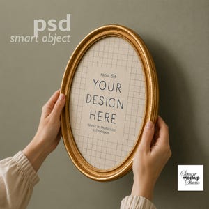 May include: An oval gold picture frame with a textured border. The center contains a grid pattern with the text "ratio: 5:4", "YOUR DESIGN HERE", and "Works in Photoshop & Photopea". The top left corner displays the text "psd smart object".