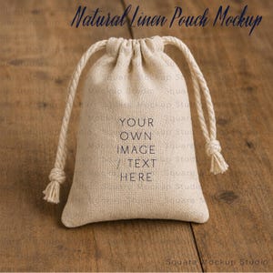 May include: A natural beige linen drawstring pouch featuring thick twisted rope cords on both sides. The front of the pouch displays the black printed text: YOUR OWN IMAGE / TEXT HERE. The fabric has a visible woven texture throughout the surface.