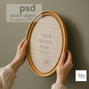 Cornice ovale color oro antico, mockup, oggetto PSD intelligente, modello digitale per esposizione di opere d'arte vintage su parete, sovrapposizione PNG del prodotto per negozio Instagram