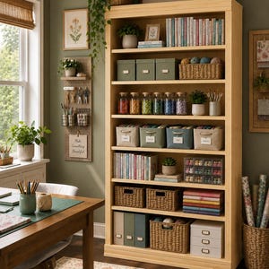 May include: A tall, light-colored wooden bookshelf filled with organized craft supplies, including woven baskets, fabric storage bins, glass jars containing colorful beads, stacks of books, and a small white three-drawer storage unit on the bottom shelf.