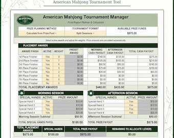 Hoja de cálculo / Planificador de torneos en Excel para finanzas y reparto de premios de torneos de mahjong americano