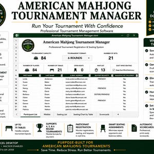 Può includere: Interfaccia del software American Mahjong Tournament Manager visualizzata su uno schermo. La dashboard mostra elenchi dei partecipanti, registrazione, assegnazione intelligente dei posti, gestione liste d'attesa, punteggi e report.
