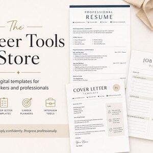 Puede incluir: Una colección de documentos profesionales digitales que incluye un currículum, una plantilla de carta de presentación y un planificador de búsqueda de empleo. El texto dice The Career Tools Store, Digital templates for job seekers.