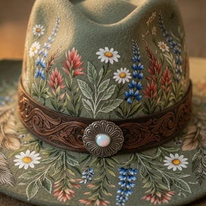 Op de afbeelding: Een olijfgroene vilten fedora-hoed met handgeschilderde wilde bloemen, waaronder witte madeliefjes, blauwe lupinen en rode Indische penseelbloemen. Een donkerbruine, in reliëf gemaakte leren band omcirkelt de kroon met een zilveren concho en opaal.