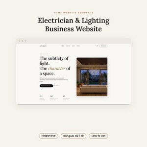 May include: An HTML website template for an electrician and lighting business. The layout features the text Novalux, The subtlety of light, The character of a space, and includes a photograph of a living room with a chandelier and sofa.