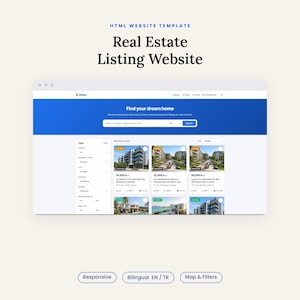 Può includere: Un modello di sito web HTML per una piattaforma di annunci immobiliari. L'interfaccia presenta un'intestazione blu con barra di ricerca, una barra laterale con filtri e una griglia di annunci di proprietà con immagini e prezzi. Il testo include "Find your dream home" e "Real Estate Listing Website."