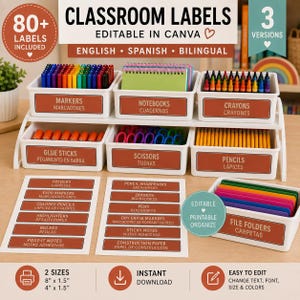 Puede incluir: Un conjunto de más de 80 etiquetas para el aula editables en inglés, español y versiones bilingües. Las etiquetas se muestran en contenedores de almacenamiento blancos que contienen marcadores, cuadernos, crayones, pegamento, tijeras y lápices.