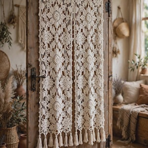 Boho Crochet Door Curtain Handmade Macrame Wall Hanging Cotton Lace Valance Panel Tassel Drapes