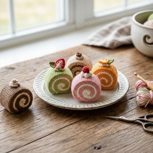 May include: A collection of five crocheted roll cakes in various colors including brown, light green, pink, and orange, each topped with small crocheted fruit or cream accents, arranged on a white plate with a wooden table surface.