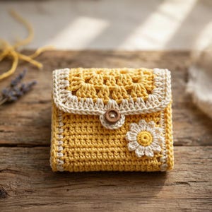 Handmade Crochet Mini Wallet, Yellow Daisy Cotton Coin Purse, Small Boho Card Holder