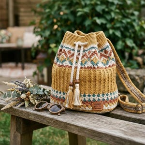 Op de afbeelding: Een mosterdgele gehaakte bucket bag met een geometrisch patroon in wit, groenblauw en roestoranje. De tas heeft een witte trekkoordsluiting met kwastjes, een lange schouderband en een klein leren label met de tekst Handmade With Love.