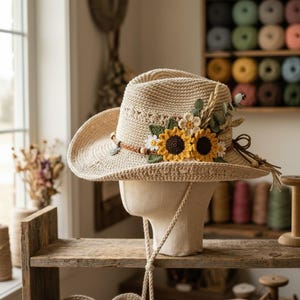 Handmade Crochet Sunflower Cowgirl Hat Boho Western Straw Style Summer Beach Fedora