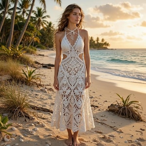 Modello per abito lungo all'uncinetto con scollo all'americana, stile boho con ritagli, tutorial per la spiaggia (PDF)
