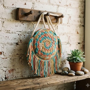 Puede incluir: Un bolso redondo de ganchillo con un patrón en espiral en tonos azul verdoso, melocotón y amarillo mostaza. El bolso tiene dos asas gruesas de cuerda color crema y largos flecos multicolores que cuelgan del borde inferior circular.