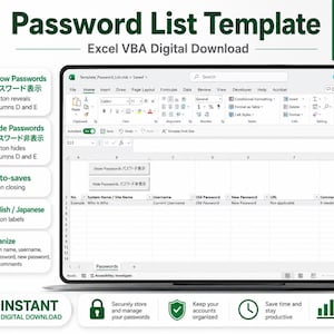 May include: A digital Password List Template for Excel VBA featuring a spreadsheet interface with columns for system name, username, old and new passwords, URL, and comments. Includes buttons to show or hide passwords and bilingual labels.