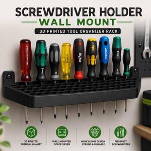 May include: A black wall-mounted screwdriver holder with a honeycomb design, holding nine various screwdrivers. The text reads SCREWDRIVER HOLDER WALL MOUNT, 3D PRINTED TOOL ORGANIZER RACK, 3D PRINTED PREMIUM QUALITY, WALL MOUNTED SPACE SAVER, HONEYCOMB DESIGN STRONG & DURABLE, FITS MOST SCREWDRIVERS.