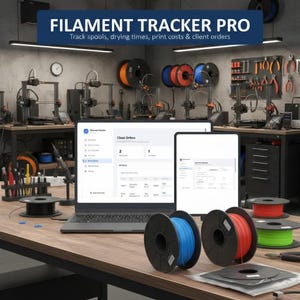 May include: A laptop and tablet displaying the Filament Tracker Pro software interface on a wooden desk. The screen shows client orders and tracking data. Several 3D printer filament spools in blue, red, orange, and green are arranged nearby.