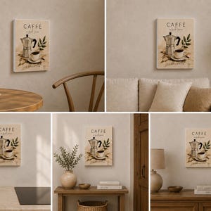 Könnte beinhalten: Ein rechteckiger Wandkunstdruck mit beigem Hintergrund und einer schwarz-weißen Illustration einer Mokkakanne und einer Kaffeetasse. Der Text "CAFFÈ" und "la giusta pausa" ist in Schwarz über den Kaffeeartikeln und grünen Blättern gedruckt.