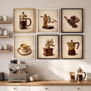 Set di 6 stampe vintage da parete per angolo caffè, decorazioni per la cucina, macchina per espresso, moka, macinacaffè, regalo per amanti del caffè, parete galleria, stampabile