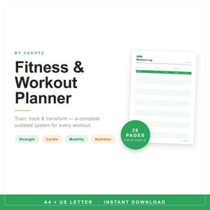 Planer ćwiczeń i fitnessu do druku | Dziennik ćwiczeń na siłowni bez daty, podział tygodniowy, śledzenie posiłków i postępów | Format A4, format amerykański