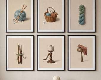 Ensemble de 6 affiches vintage sur le thème du tricot | Décoration murale ancienne en laine et aiguilles | Cadeau idéal pour les passionnés de tricot (téléchargement numérique imprimable)