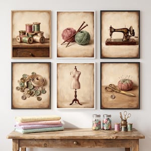 May include: A gallery wall of six framed prints depicting sewing and knitting supplies, including thread spools, yarn balls with needles, a sewing machine, buttons with a measuring tape, a dress form, and scissors with a pincushion, above a wooden table.