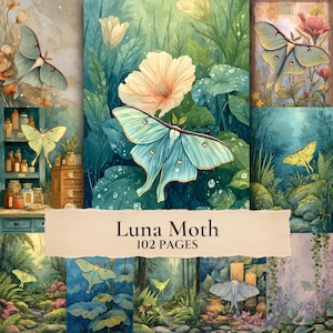 May include: A collage of illustrations featuring pale green Luna moths in various natural settings, including lush foliage, flowers, and forest scenes. A central banner displays the text Luna Moth 102 PAGES in a dark serif font on a cream background.