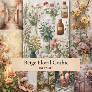 Może przedstawiać: Cyfrowa kolekcja zatytułowana Beige Floral Gothic 118 Pages zawierająca różne akwarelowe ilustracje kwiatów w szklanych butelkach, krzewów róż, świec, zabytkowych kluczy i korytarzy w odcieniach beżu, różu i zieleni.