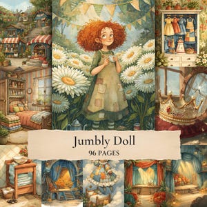 Puede incluir: Un collage de ilustraciones con un personaje pelirrojo con vestido verde en un campo de margaritas, un dormitorio, un perchero, una corona y un escenario. El texto Jumbly Doll 96 PAGES está centrado sobre un papel rasgado.
