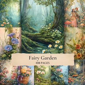 Może przedstawiać: Kolekcja 108 stron zatytułowana Fairy Garden, zawierająca różne ilustracje bujnych krajobrazów leśnych, kwitnących kwiatów, kosza z kolorowymi kwiatami, lisa w leśnym otoczeniu oraz dwie postacie w magicznej leśnej scenerii.