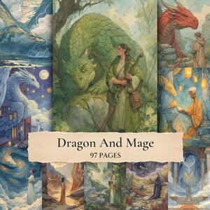 May include: A collection of fantasy illustrations featuring dragons and mages in various settings, presented as a book titled Dragon And Mage with 97 pages. The artwork displays diverse scenes with green, blue, red, and gold color palettes.