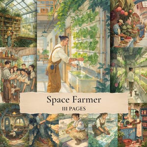 May include: A digital art collection titled Space Farmer 111 PAGES featuring a collage of illustrations depicting individuals working in greenhouses, libraries, and indoor gardens with various plants, hydroponic systems, and agricultural equipment.