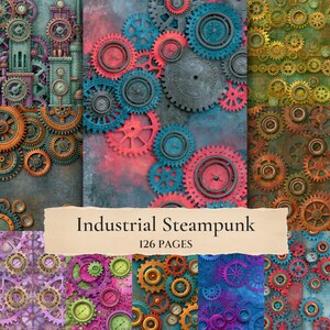 Puede incluir: Una colección de diseños de papel digital con varios patrones de engranajes y relojería en múltiples paletas de colores, incluyendo azul, rojo, naranja, verde y morado. La etiqueta central muestra el texto Industrial Steampunk 126 PAGES.