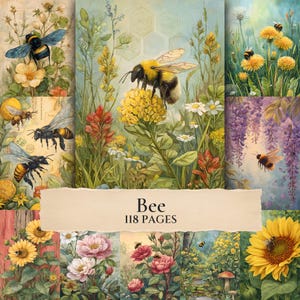 May include: A collection of 118 pages featuring illustrations of bees, sunflowers, wildflowers, and roses. The pages display various scenes of bees in natural settings, including floral meadows and gardens, with the text Bee 118 PAGES centered.