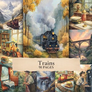 May include: A collection of train-themed illustrations featuring steam locomotives in various settings, including mountain landscapes, forest tracks, and interior scenes. The central text reads Trains 91 PAGES, showcasing a variety of artistic depictions.