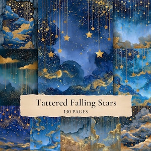 Op de afbeelding: Een collectie van 130 pagina's getiteld Tattered Falling Stars, met diverse digitale illustraties van diepblauwe wolken en nachtelijke luchten versierd met hangende gouden sterren, glinsterend goudstof en verticale gouden lijnen.