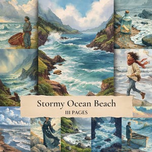 Stormy Ocean Beach Junk Journal Pages, Dramatic Coastal Watercolor Papers, Stormy Seascape Scrapbook Kit, Printable Ephemera