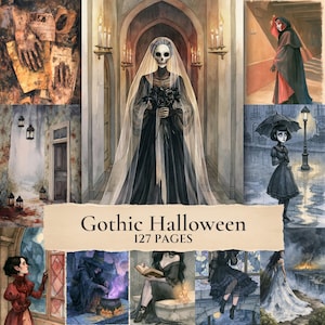 May include: A collection of Gothic Halloween illustrations featuring a skeleton bride in a black dress, a cloaked figure, a person with an umbrella in the rain, a witch with a cauldron, and other dark scenes, with the text Gothic Halloween 127 PAGES.