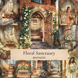 Floral Sanctuary Junk Journal Pages, Vintage Watercolor Church Printable Paper, Serene Chapel Altar Collage, Spiritual Blessings Ephemera