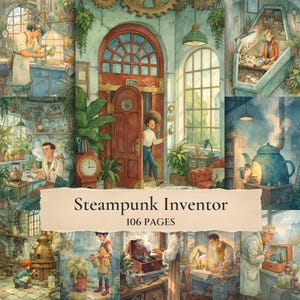 May include: A collection of illustrations titled Steampunk Inventor 106 Pages featuring various scenes of individuals working in workshops with gears, plants, tools, and machinery, including a large central doorway and a blue teapot-shaped structure.