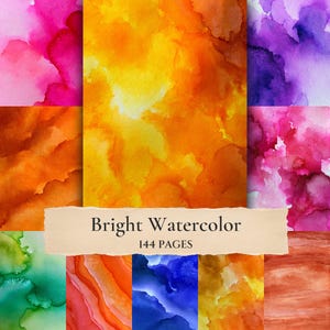 Op de afbeelding: Een collectie heldere aquareltexturen met levendige gradiënten van roze, oranje, geel, paars, groen en blauw. Een centrale beige papieren strook toont de tekst Bright Watercolor 144 PAGES in een donker schreeflettertype.
