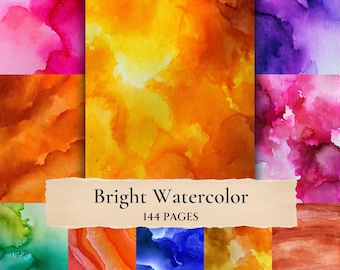May include: A collection of bright watercolor textures featuring vibrant gradients of pink, orange, yellow, purple, green, and blue. A central beige paper strip displays the text Bright Watercolor 144 PAGES in a dark serif font.